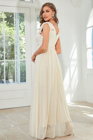 Robe d’invité de mariage longue en dentelle d’abricot avec nœud papillon